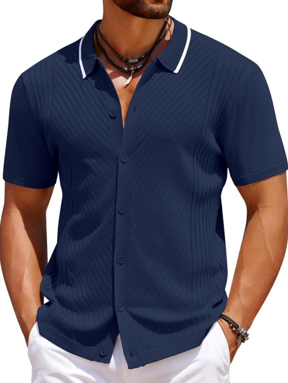 Men’s Medieval Blue Knit Short Sleeve Button Down Vintage Polo Summer Shirt